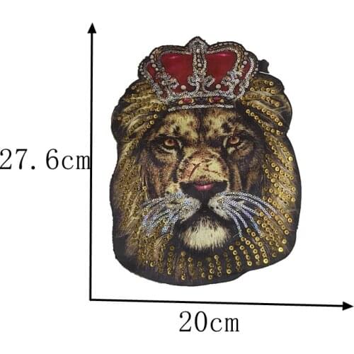 Sewing on sequined big lion head with crown patches for tee shirt jackets DIY hand making accessory