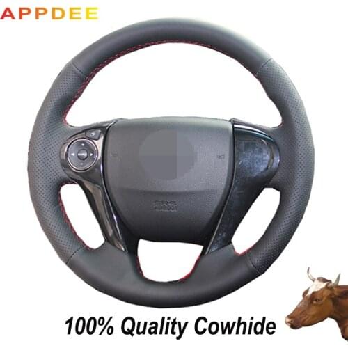 APPDEE Hand-stitched Black Genuine Leather Steering Wheel Cover for Honda Accord 9 Odyssey Crosstour 2014-2015