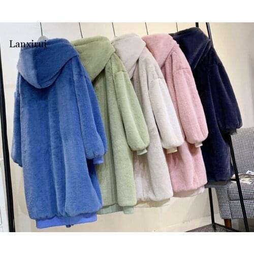 High Quality Women fake Rabbit Fur Jacket Luxury Fur Teddy Coat Thick Warm Long Hooded Plus Size Female Overcoat Jacket