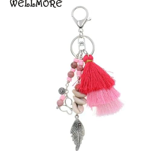 WELLMORE handmade bohemia stone beads /shell with long tassel alloy Key Chain For Women Girl Bag Keychain