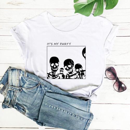 IT Is My Party Skeleton Graphic Print 100%Cotton Women Tshirt Unisex Funny Summer Casual Short Sleeve Top Halloween Party Shirt