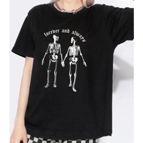 Forever And Always Skeleton T-Shirt Women Punk Streetwear Gothic Tshirt Female Casual Oversized Short Sleeve Tee Grunge Tops
