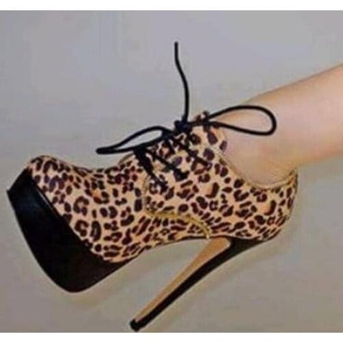 Sexy Leopard Ankle Boots Lace-up High Platform Womens Suede Winter Boots Round Toe Super Thin Heels Ladies Leopard Bootie