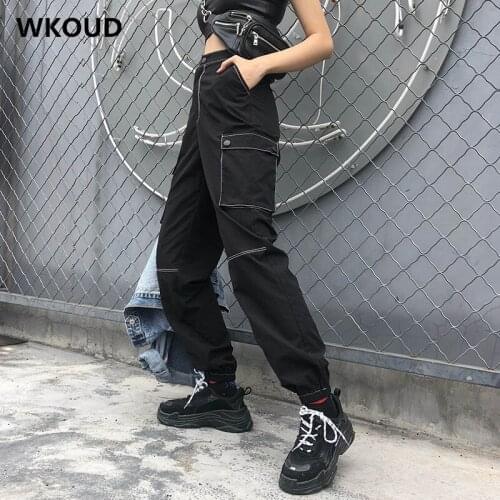 WKOUD Women Solid Streetpants Fashion Sexy Black Cargo Pants With Pockets Joggers Casual Koren Streetwear 2019 Trousers P8770