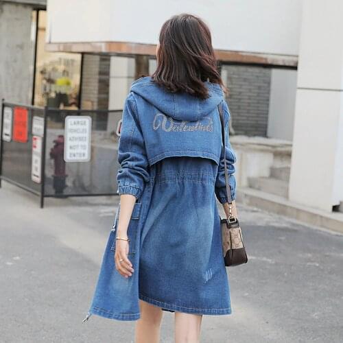2020 Autumn Women Denim Trench Coat Hooded Plus Size Long Women Windbreaker Casual Coats Fashion Streetwear Veste En Jean Femme