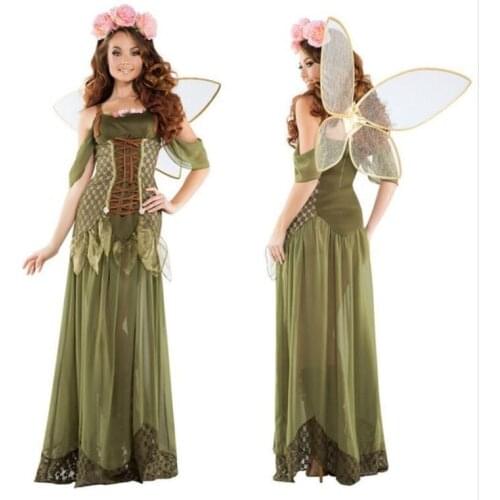 Adult Women Angel Elf Flower Fairy Tinker Bell Costume Halloween Hen Party Fairy Tale Green Forest Cosplay Fantasia Fancy Dress