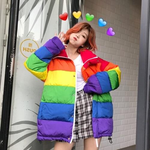 Winter Jacket Women Plus Size Loose Rainbow Striped Harajuku Wadded Parka Coat Femme Chaqueta Mujer Outwear Women Puffer Jacket