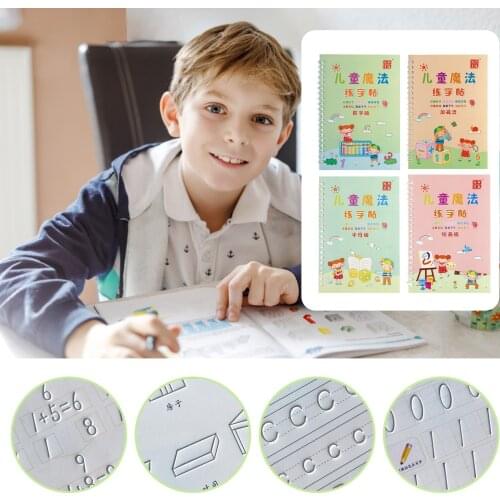 4 Books/Sets of Childrens Magic Books, Reusable 3D Calligraphy Copybooks, English Number Lettering Magic Practice Copybooks