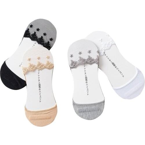 4 Pairs/lot Transparent Short Lace Sock Women 2021 Spring And Summer Hollow Out Boat Socks Slippers Female Soft Meias