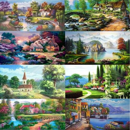 5D DIY Diamond Painting Landscape Country house Picture Full Round Drill Embroidery Scenery Mosaic Art Picture Home Decor Gift
