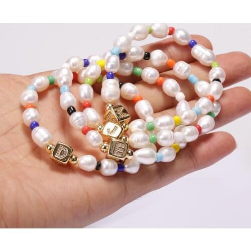 Boho gold initial Copper cubic zircon 26 alphabet letter name natural freshwater Pearl rice beaded Charm Unisex Bracelet jewelry