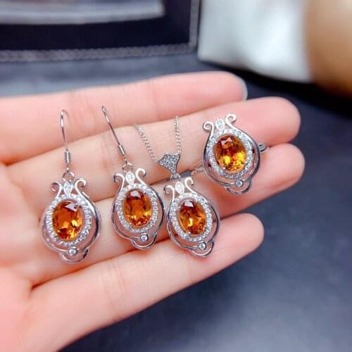 2021 new yellow citrine ring earrings necklace jewelry set women 925 sterling silver hook earrings rose golden girl party gift