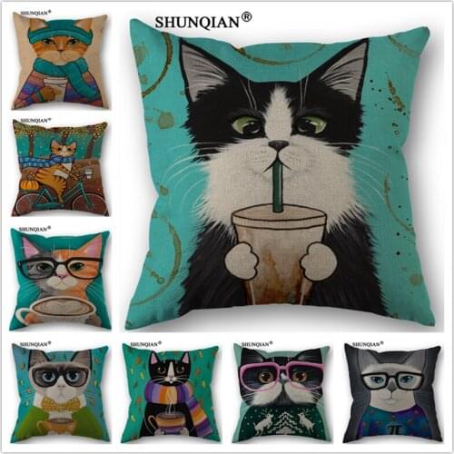 Linen Cotton Art style cat Pillow Cover Personalized Custom Print Home Decorative Throw Pillows Cases 45x45cm one side WZ4152