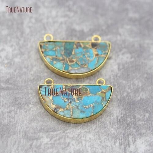 Half Moon Mosaic Turquoises Howlite Station Semi Circle Charm Gold Bezel Link PM26814