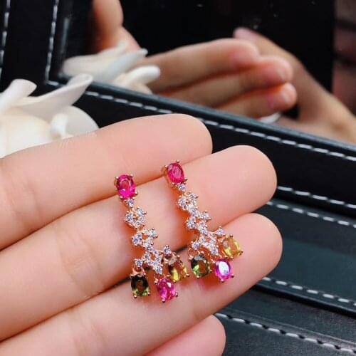 Luxurious Tassels strand natural Multicolor tourmaline drop earrings Natural gemstone earrings S925 silver girl gift jewelry