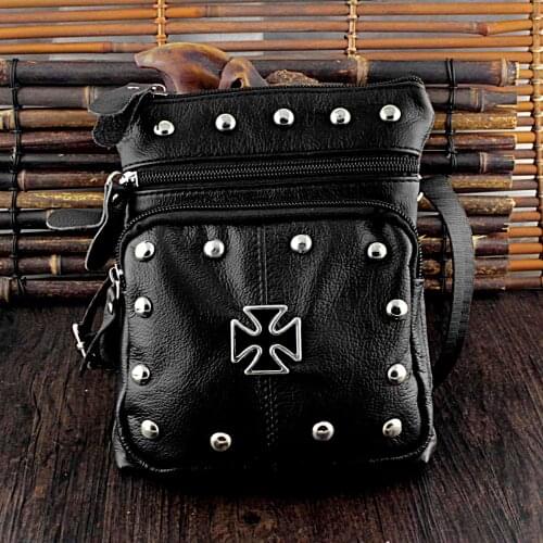 Punk Rock Biker Purse Studded Cross Small Real Leather Shoulder Bag