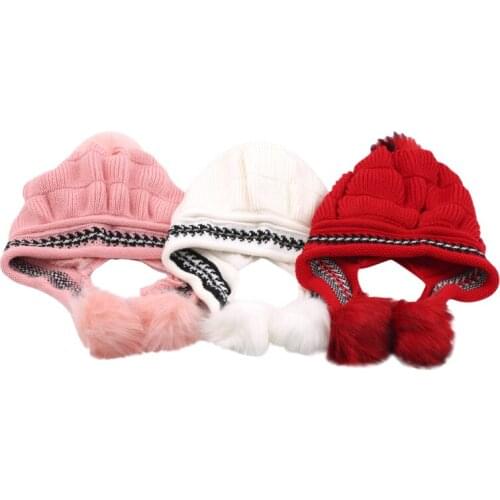 Girls Thicken Ski Snow Cap New Fashion Fur PomPoms Winter Women Beanie Hats Female Skullies Warm Gloves + Knit Hat Set