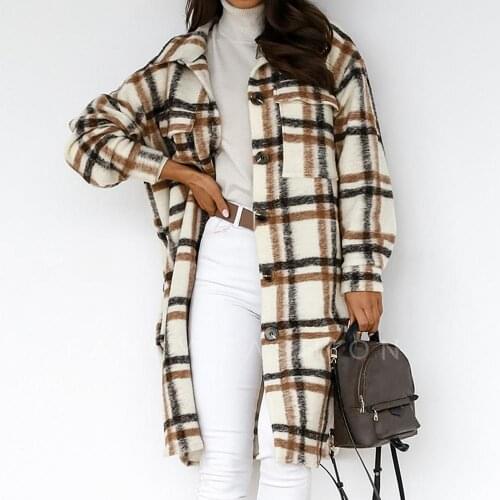 Ele-choices Autumn Winter Women Plaid Buttons Long Sleeve Lapel Jacket Knee-length Overcoat