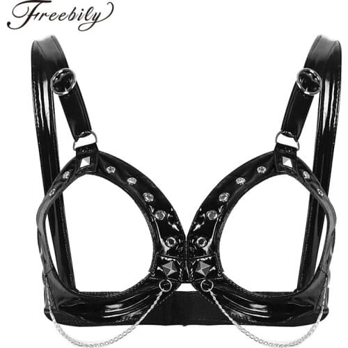 Womens Erotic Lingerie Bra Open Cups Bondage Bra Metal Chains Bralette Shelf Bra Sexy Lingerie Adjustable Straps Leather Bras