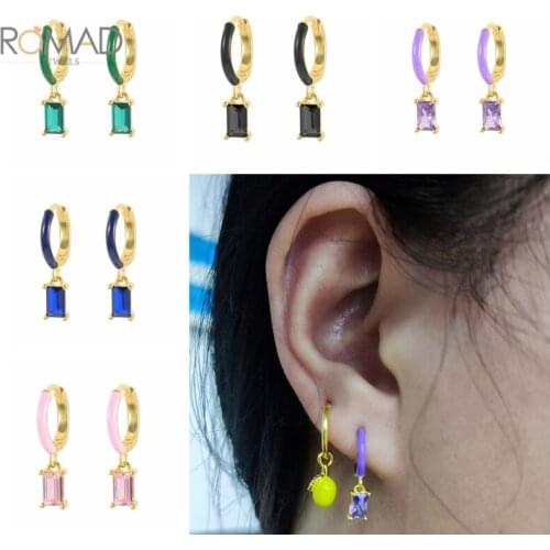 ROMAD 925 Sterling Silver Dripping French Bread Zircon Pendant Earrings Green Purple Pink Enamel earrings Women Boucle D’oreille
