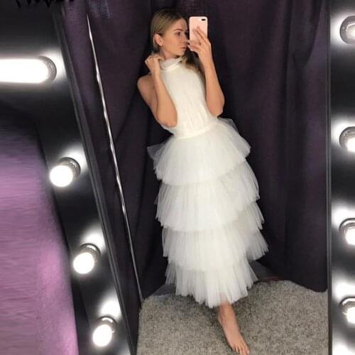 High Neck White Tulle Short Evening Dress 2021 Tiered Open Back Women Tea Length Junior Prom Gown Custom Made vestidos de fiesta