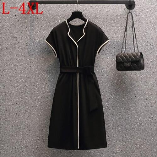 2021 New Ladies' Elegant Office Black Dress Plus Size Summer Short Sleeve Sashes Split Midi Dresses For Women L XL 2XL 3XL 4XL