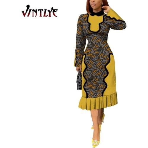 Fashion Robe Africaine Femme Ankara Floral Print African Style Women Dresses Patchwork Long Sleeve Dashiki Party Dresses WY706