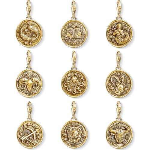 Gold Color 12 Constellation Charm Star Zodiac Signs Pendant 925 Sterling Silver Virgo Libra Scorpio DIY Jewelry Making Finding