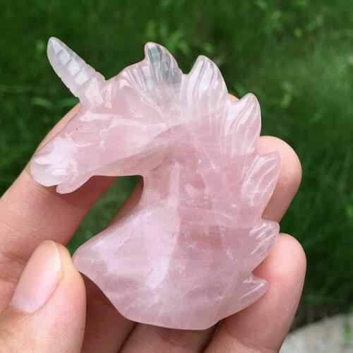 Hand Carved Rose Quartz Unicorn Natural Crystal Skull Reiki Healing