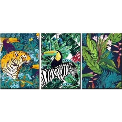 Tiger, Zebra And Bird Diamond Embroidery Landscape 5D DIY Diamond Painting Plant Mosaic Cross Stitch 3 Piece Modern Decor Gift