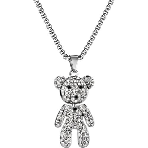 Cyue European Fashion Punk Pave AAA CZ Little Bear Charm Pendant Stainless Steel Necklace Chain For Girl Boy Unisex Jewelry