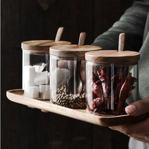 Three-piece Wooden Seasoning Jar Set Glass Containers Salt Sugar Jars with Spoon Condiment Jars Box Spice Pot Kitchen Supplies
