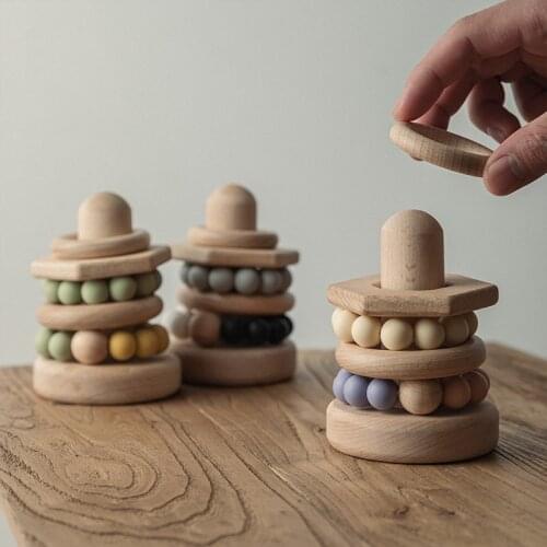 Baby Toy Soft Building Blocks Wooden Stacking Blocks Round Shape Wooden Construction Toy Rubber Montessori Molar Game