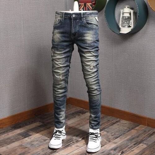Classic Vintage Distressed Ripped Jeans Men Cotton Slim Fit Retro Blue Denim Pants