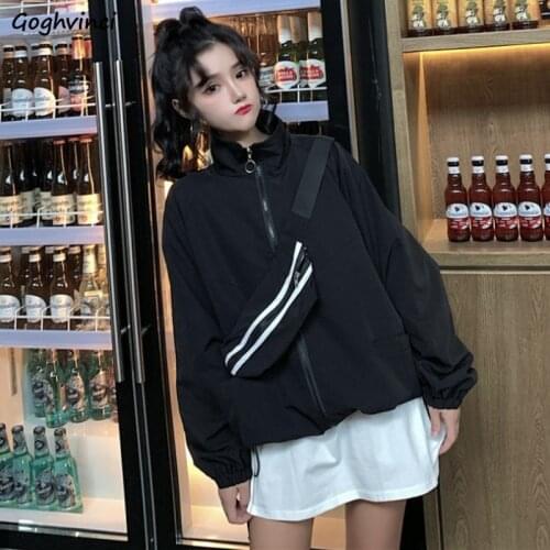 Basic Jackets Women Stand Collar Long Sleeve Solid Pockets Zipper Loose Korean Preppy Style All-match Simple Harajuk Casual Chic