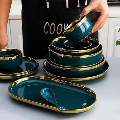MT Nordic Light luxury golden border ceramic dishes dishes tableware high grade grandmother green household dishes steak plate