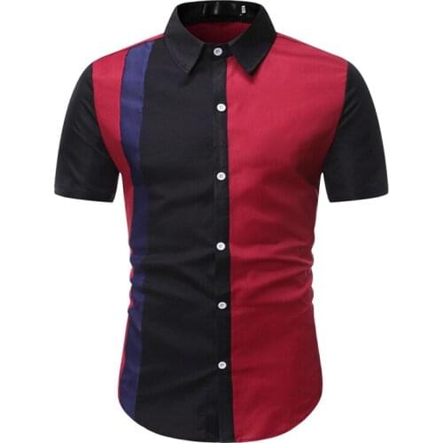 Men Short Sleeve Shirts 2020 New Fashiion Red Black Splicing Formal Casual Shirt Daily Life Work Stage Singer Host Night Club