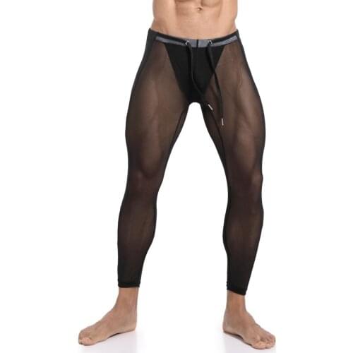 Mens Underwear Mesh Transparent Leggings Pants Patchwork Sleepwear Quick Dry Slip Homme Trousers Fitness Sleep Bottoms Pajama