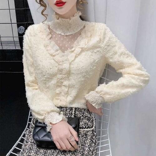 2021 spring and autumn new high-neck lace bottoming shirt womens all-match temperament mesh stitching beaded top