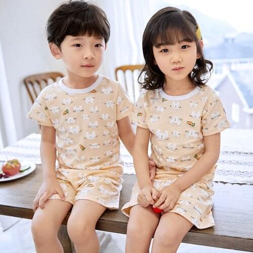 2-10 Years Boy Girl Pajamas Sets Summer Cotton Hollow Out Sleepwear Kids Tops Shorts Pyjamas Suit Rabbit Khaki Pijamas Nightwear