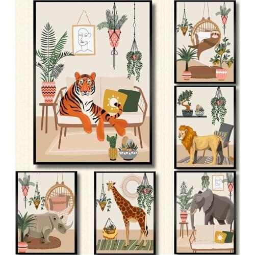 Wild Jungle Animals Giraffe Lion Tiger Sloth Rhino Posters and Canvas Prints Decorative Painting Wall Art Pictures Home Decor