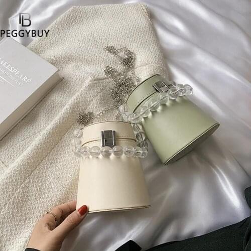 Casual Pure Color Leather Bucket Bag Mini Crossbody Bag Fashion Shoulder Chain Bag Women Purses and Handbags Luxury Designer Han