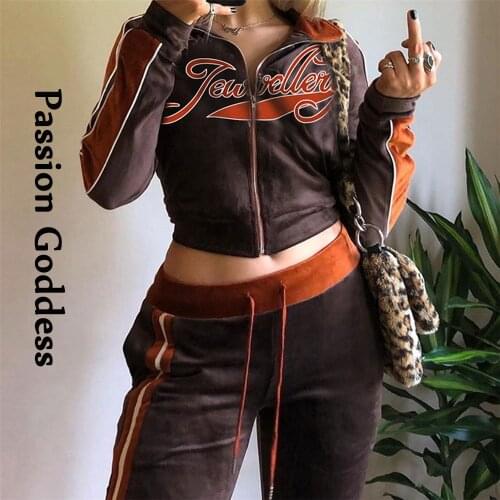 Casual Women 2 Piece Velvet Tracksuit Sets Embroidery Letter Zip Up Velour Crop Jacket Drawstring Joggers Pants Two Piece Outfit