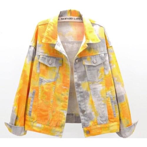 2021 New Autumn Jeans Jacket Women Long Sleeve Colorful Tie Dye Print Coat Short Loose Boyfriend Denim Jacket Female