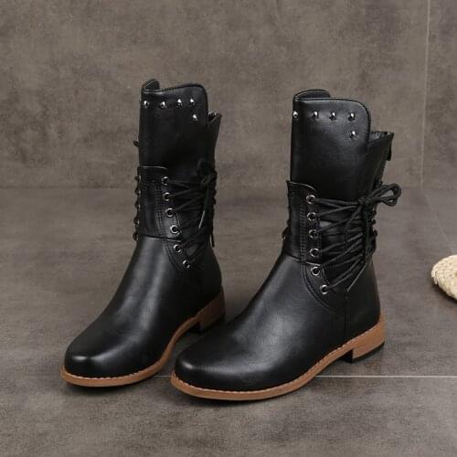 Female Shoes Autumn Winter Rivet Leather Round Toe Lace Up Mid Calf Boots Women Solid Color British Style Low Heels Ladies Boots