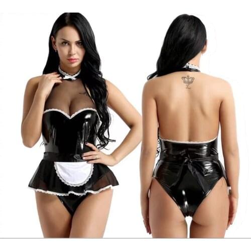 Womens Maid Fancy Carnival Cosplay Costume Wet Look Leather Maid Bodysuit Role Play Clothing with Apron Maidservant Outfit