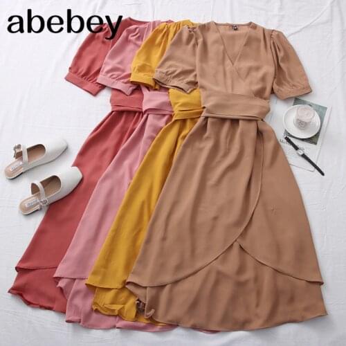 2021 New Spring Summer Fashion V-neck solid Dress waist strap Puff Sleeve Dress irregular Ruffle medium length Dress