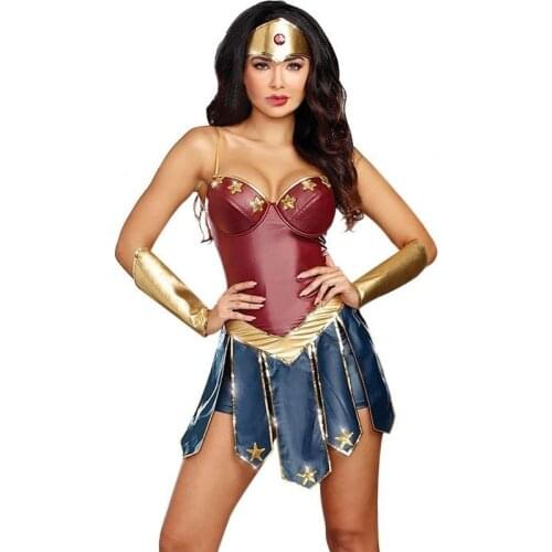 3pcs Superhero Woman Cosplay Costume Adult Costume Halloween Sexy Women Dress Up Dress Cosplay