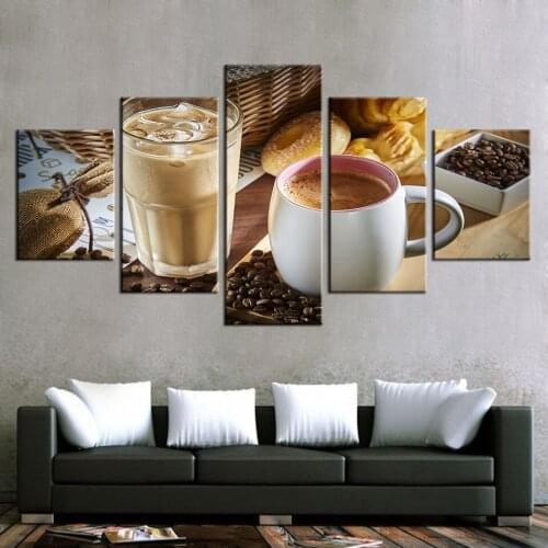 5 pieces canvas paintings Restaurant 5 Pieces Steaming Coffee Cup Coffee Bean Pictures home decor poster print wall art