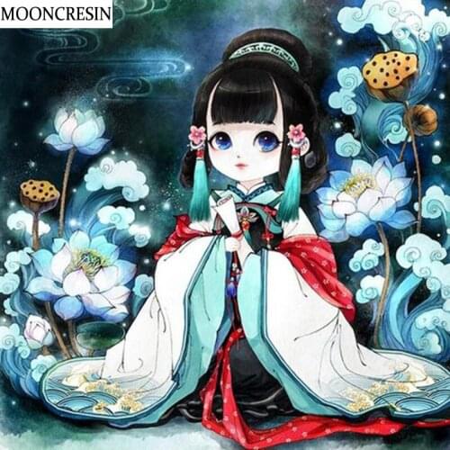 5D Diy Diamond Painting Full Square Diamond Embroidery Lotus Flower Girl Cross Stitch Diamond Mosaic Christmas Decoration Home